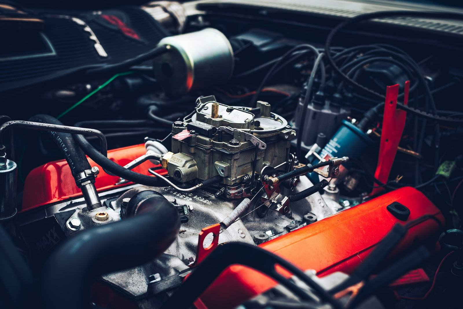 An engine bay with the cover removed